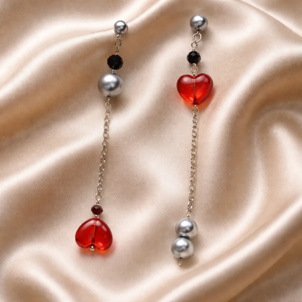 Pendientes largos de corazones y perlas naturales | Joyería artesanal Tarragona