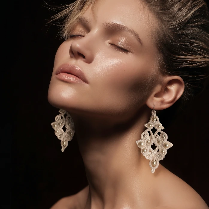 Pendientes novia largos perlas | Joyería textil artesanal que no pesa.