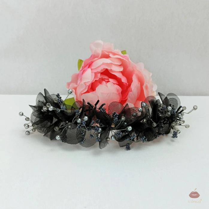 Tocado flores para novia gótica o fiesta | cristales y perlas grises